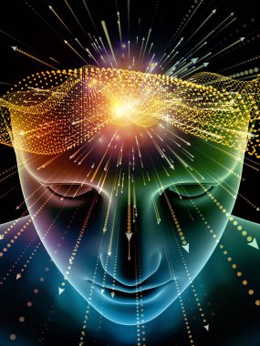 Zihin dizi elemanları. insan kafası ve sembolleri bilim, eğitim ve zihin gücü konusunda teknolojinin 3D çizimi