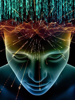 Zihin dizi elemanları. insan kafası ve sembolleri bilim, eğitim ve zihin gücü konusunda teknolojinin 3D çizimi