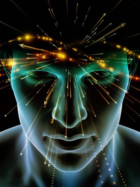 Zihin dizi elemanları. insan kafası ve sembolleri bilim, eğitim ve zihin gücü konusunda teknolojinin 3D çizimi