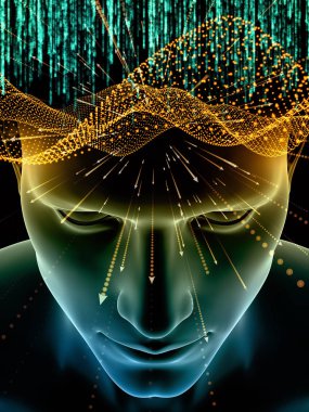 Zihin dizi elemanları. insan kafası ve sembolleri bilim, eğitim ve zihin gücü konusunda teknolojinin 3D çizimi