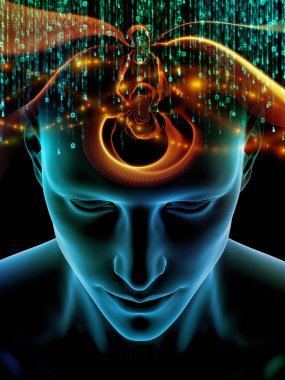 Zihin dizi elemanları. insan kafası ve sembolleri teknoloji konu bilim, eğitim ve zihin gücü için 3D çizimi