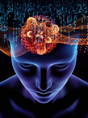 Zihin dizi elemanları. insan kafası ve sembolleri bilim, eğitim ve zihin gücü konusunda teknolojinin 3D çizimi