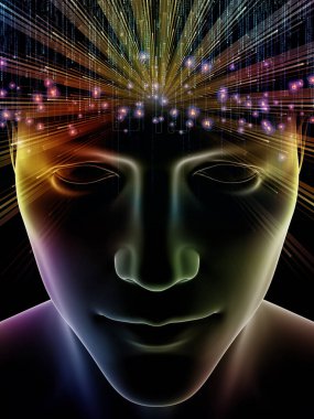 Dalgalar serisi için sorun. İnsan kafası ve bilinç, beyin, akıl ve yapay zeka mecazi ilişkisi sembollerle teknoloji 3d çizimi bileşimi