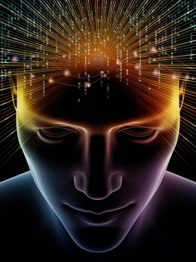 Dalgalar serisi için sorun. Yaratıcı insan kafası ve teknoloji simgeler 3d çizimi konuda bilinç, beyin, akıl ve yapay zeka kavramı mecaz olarak düzenlenmesi