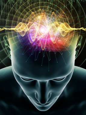 Zihin Dalgaları serisi. İnsan kafası ve teknoloji sembollerinin soyut düzenlenmesi bilinç, beyin, zeka ve yapay zeka projeleri için uygundur.