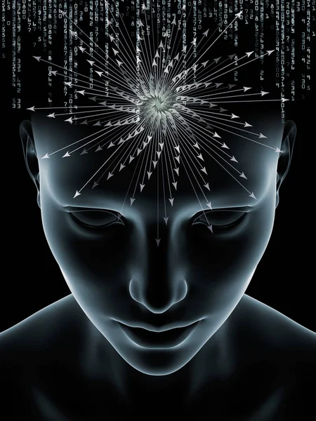 Mind Waves series. Arrangement of 3D illustration of human head and technology symbols on the subject of consciousness, brain, intellect and artificial intelligence