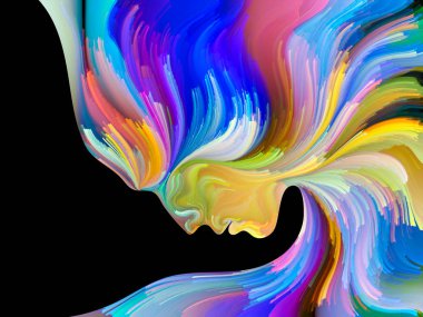 Yüz renk serisi. İnsan profili ve yaratıcılık, tasarım, iç dünya, içgüdü ve sanatsal ruh konusunda boya hareketli renkli çizgiler bileşimi