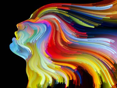 Yüz renk serisi. İnsan profili ve yaratıcılık, tasarım, iç dünya, içgüdü ve sanatsal ruh konusunda boya hareketli renkli çizgiler soyut tasarım yapılmış