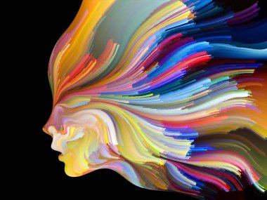 Yüz renk serisi. İnsan profili ve yaratıcılık, tasarım, iç dünya, içgüdü ve sanatsal ruh konusunda boya hareketli renkli çizgiler