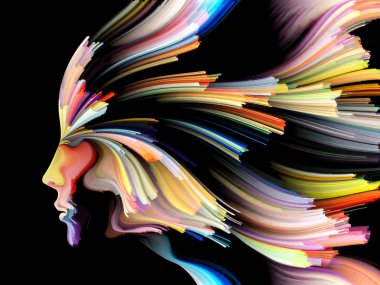 Yüz renk serisi. Arka plan tasarım insan profili ve yaratıcılık, tasarım, iç dünya, içgüdü ve sanatsal ruh konusunda boya hareketli renkli çizgiler