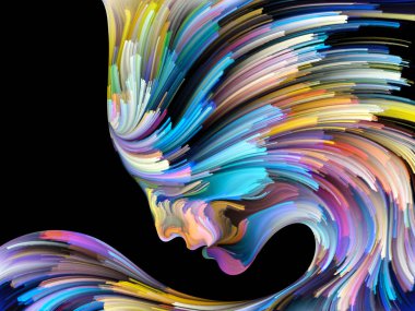 Yüz renk serisi. Zemin insan profili ve yaratıcılık, tasarım, iç dünya, içgüdü ve sanatsal ruh konusunda boya hareketli renkli çizgiler