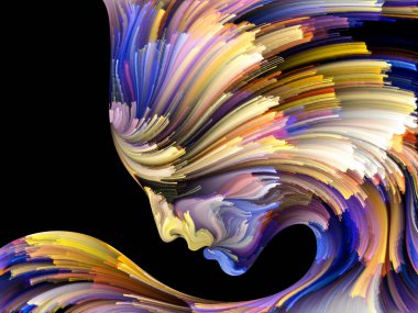 Yüz renk serisi. Zemin insan profili ve boya hareketli renkli çizgiler oluşmaktadır ve yaratıcılık, tasarım, iç dünya, içgüdü ve sanatsal ruhu projelerde kullanıma uygun