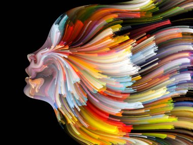 Yüz renk serisi. İnsan profili ve yaratıcılık, tasarım, iç dünya, içgüdü ve sanatsal ruhu boya mecazi ilişki ile hareketli renkli çizgiler bileşimi