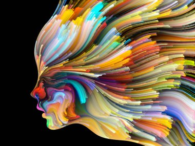 Yüz renk serisi. İnsan profili ve boya bir kavramı mecaz yaratıcılık, tasarım, iç dünya, insan doğası ve sanatsal ruhu konuda hareketli renkli çizgiler yaratıcı düzenleme