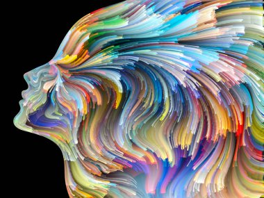 Yüz renk serisi. Tasarım projeleri için fon olarak hizmet etmek için insan profili ve boya hareketli renkli çizgiler yapılmış yaratıcılık, tasarım, iç dünya, içgüdü ve sanatsal ruhu ile ilgili