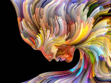 Yüz renk serisi. Zemin tasarımı insan profili ve boya işleri yaratıcılık, tasarım, iç dünya, insan doğası ve sanatsal ruhu için hareketli renkli çizgiler