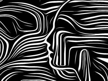 İç geometri serisi. İnsan yüzü insan ruhunun, iç tiyatro, sanat, şiir ve Maneviyat konusundaki geleneksel gravür tarzında işlenmiş soyut tasarım yapılmış