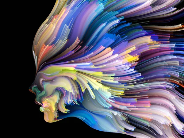 Yüz renk serisi. İnsan profili ve yaratıcılık, tasarım, iç dünya, içgüdü ve sanatsal ruhu projelerde kullanılmak üzere boya hareketli renkli çizgiler arka plan yapılmış