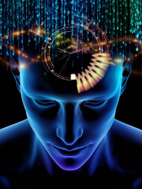 Zihin dizi elemanları. insan kafası ve sembolleri bilim, eğitim ve zihin gücü konusunda teknolojinin 3D çizimi