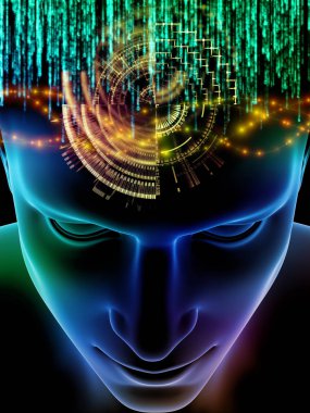 Zihin dizi elemanları. insan kafası ve sembolleri bilim, eğitim ve zihin gücü konusunda teknolojinin 3D çizimi