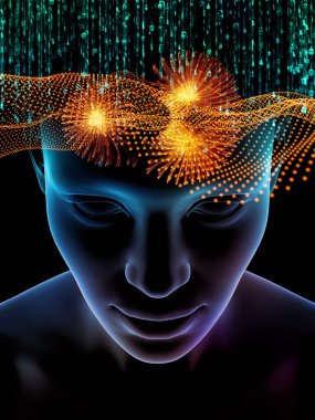 Zihin dizi elemanları. insan kafası ve sembolleri teknoloji konu bilim, eğitim ve zihin gücü için 3D çizimi