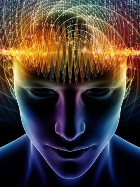 Dalgalar serisi için sorun. İnsan kafası ve tasarımınızı bilinç, beyin, akıl ve yapay zeka konusunda tamamlayacak teknolojisi simgeler 3d çizimi fon