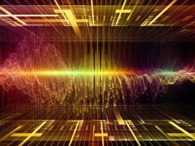 Dalga Fonksiyonu serisi. Ses eşitleyici, müzik spektrumu ve kuantum olasılığının metaforu olarak renkli sinüs titreşimleri, ışık ve fraktal elementlerden oluşan tasarım