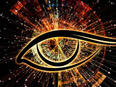 Bilgi serisi gözü. Zemin göz simgesini ve bilim, eğitim ve modern teknoloji konusunda patlama ok