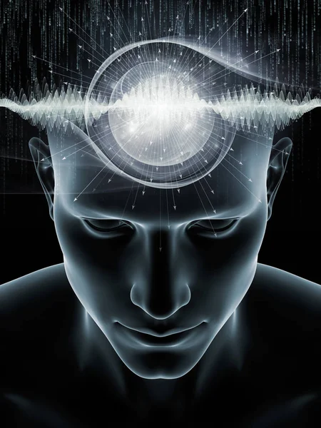 波シリーズを心します 人間の頭および人工知能 知性脳意識をテーマに技術記号の イラストの配置 — ストック写真