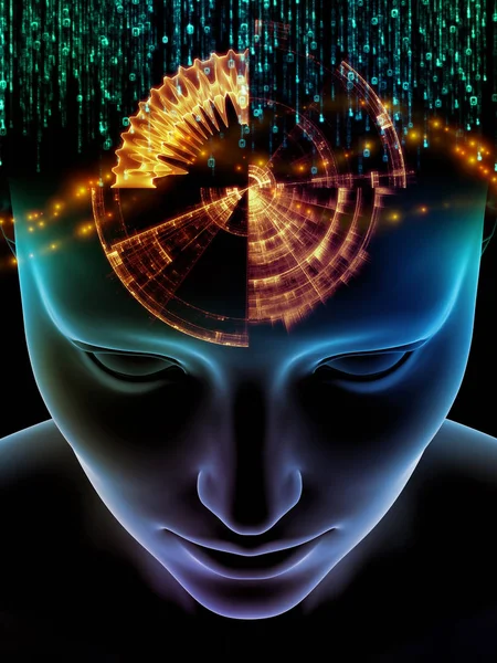 精神系列的元素 人的头的例证和技术标志在科学 教育和力量的题目上 — 图库照片