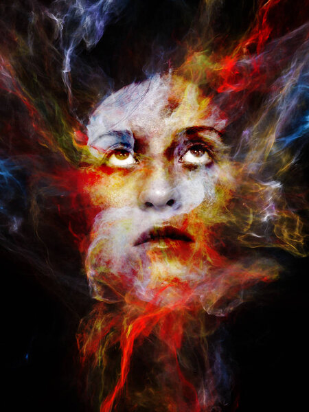Surreal Dust Portrait series. Interplay of fractal smoke and female portrait on the subject of spirituality, imagination and art