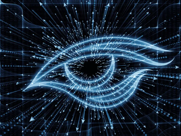 知識シリーズの目 現代の科学技術の主題のメタファーとして目のアイコンと矢印のバーストから成るデザイン — ストック写真