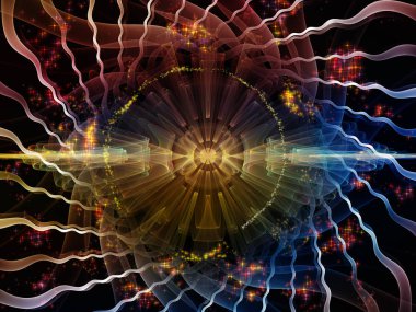 Dalga Fonksiyonu serisi. Ses eşitleyici, müzik spektrumu ve kuantum olasılığı için renkli sinüs titreşimleri, ışık ve fraktal elementlerin grafiksel bileşimi