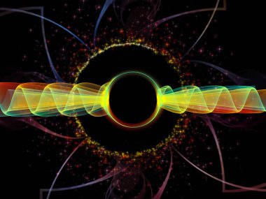 Dalga Fonksiyonu serisi. Ses eşitleyici, müzik spektrumu ve kuantum olasılığı için renkli sinüs titreşimleri, ışık ve fraktal elementlerin grafiksel bileşimi