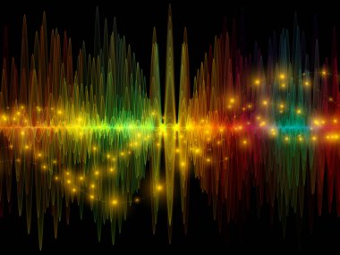 Dalga Fonksiyonu serisi. Ses eşitleyici, müzik spektrumu ve kuantum olasılığının metaforu olarak renkli sinüs titreşimleri, ışık ve fraktal elementlerden oluşan tasarım