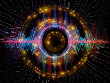 Dalga fonksiyonu serisi. Sanatsal soyutlama oluşan renkli sinüs titreşimleri, ışık ve fraktal öğeleri konu üzerinde ses ekolayzer, müzik spektrum ve kuantum olasılık