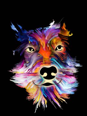 Aşk, dostluk, sadakat, köpek ve insan arasında arkadaşlık konularında siyah arka plan üzerine dijital yağlı boyayla köpek portresi. Tanrı hayvanları korusun..