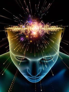 Zihin dizi elemanları. insan kafası ve sembolleri bilim, eğitim ve zihin gücü konusunda teknolojinin 3D çizimi