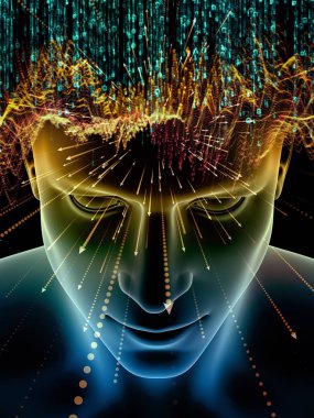 Zihin dizi elemanları. insan kafası ve sembolleri bilim, eğitim ve zihin gücü konusunda teknolojinin 3D çizimi