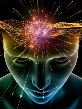 Zihin dizi elemanları. insan kafası ve sembolleri bilim, eğitim ve zihin gücü konusunda teknolojinin 3D çizimi