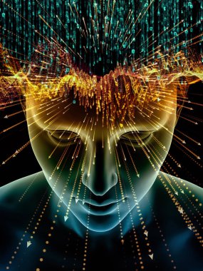 Zihin dizi elemanları. insan kafası ve sembolleri bilim, eğitim ve zihin gücü konusunda teknolojinin 3D çizimi