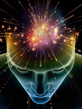 Zihin dizi elemanları. insan kafası ve sembolleri bilim, eğitim ve zihin gücü konusunda teknolojinin 3D çizimi