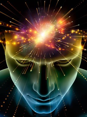 Zihin dizi elemanları. insan kafası ve sembolleri bilim, eğitim ve zihin gücü konusunda teknolojinin 3D çizimi