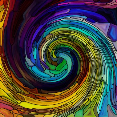 Spiral burgu serisi. Görsel kompozisyon vitray girdap desen renk parçaları inşaat üstünde renkli tasarım, yaratıcılık, sanat ve hayal için hoş