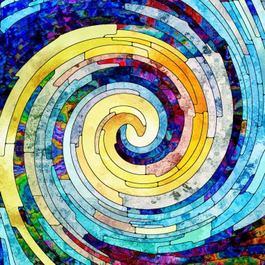 Spiral burgu serisi. Renkli tasarım, yaratıcılık, sanat ve hayal gücü konusunda bir metafor olarak renk parçaları vitray girdap paterni oluşan tasarım