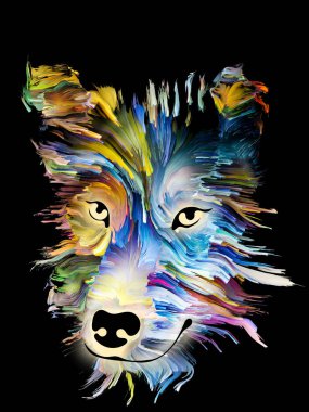 Aşk, arkadaşlık, bağlılık, köpek ve insan arasında arkadaşlık konusu üzerinde siyah arka plan üzerine parlak dijital renklerde bir köpek portresi. Tanrı korusun hayvan serisi.