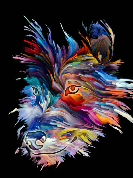Pet portrait in bright colors on black background on subject of love, friendship, faithfulness, companionship between dog and man. God bless animals series.
