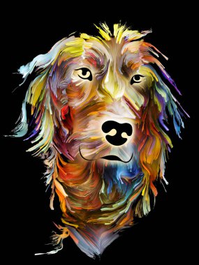 Aşk, dostluk, sadakat, köpek ve insan arasında arkadaşlık konularında siyah arka plan üzerine dijital yağlı boyayla köpek portresi. Tanrı hayvanları korusun..