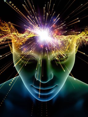Zihin dizi elemanları. insan kafası ve sembolleri bilim, eğitim ve zihin gücü konusunda teknolojinin 3D çizimi