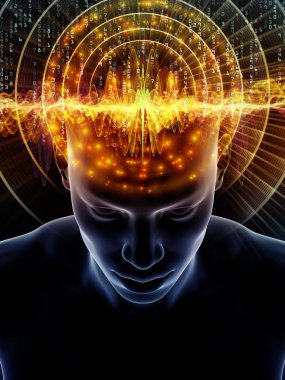 Dalgalar serisi için sorun. İnsan kafası ve bilinç, beyin, akıl ve yapay zeka mecazi ilişkisi sembollerle teknoloji 3d çizimi bileşimi